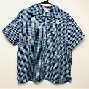 Vintage Short Sleeve Gingham Floral Button Up Top